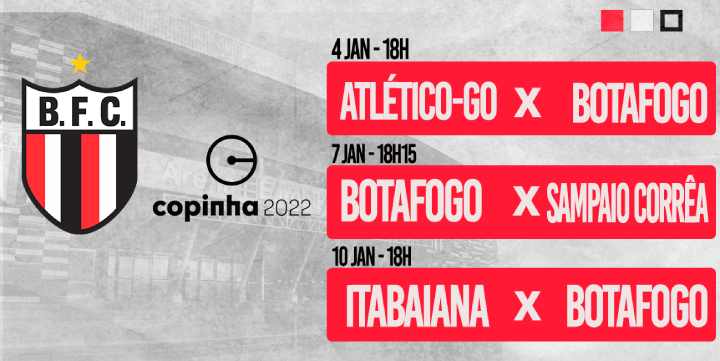 O Botafogo estreará na Copa São Paulo de Futebol Júnior diante do Atlético-GO no dia 4 de janeiro (quarta-feira), às 18h, no Estádio João Mendes Athayde, em São José do Rio Preto, sede do Grupo 4 da competição.