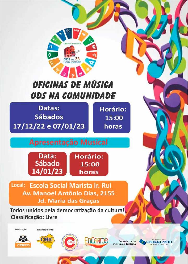 Começa neste sábado, dia 17 de dezembro, às 15h, o projeto “Oficinas de Música ODS na Comunidade”, realizado pelo Centro de Referência Popular (CERPO), que atenderá jovens de 18 a 24 anos, que residem no bairro Jardim Progresso.