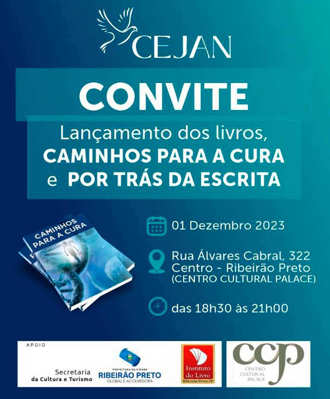 O lançamento conta com o apoio da Secretaria da Cultura e Turismo da Prefeitura de Ribeirão Preto. Toda venda dos livros será revertida em favor das ações sociais que a entidade espírita desenvolve