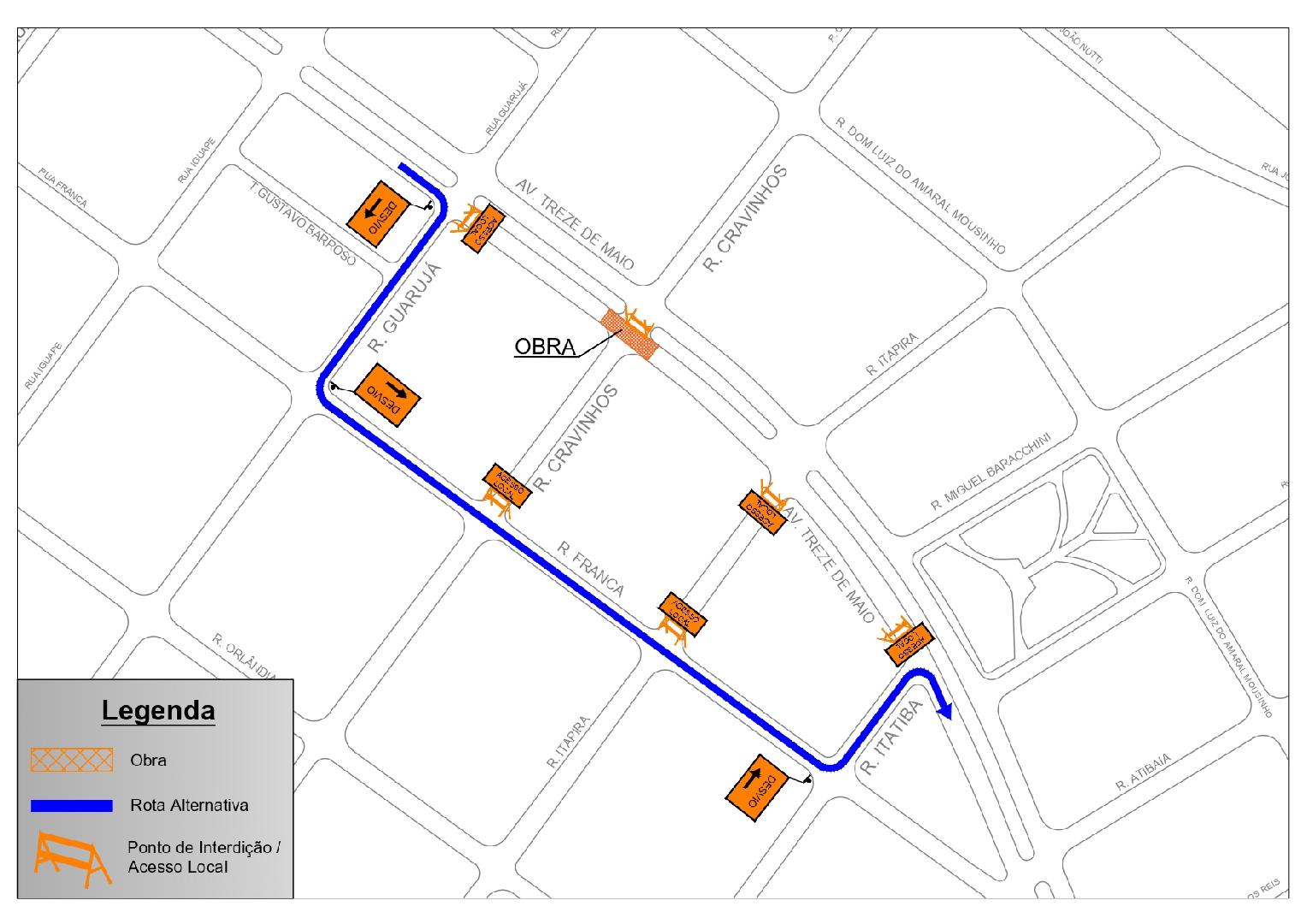 Cruzamento da pista Centro/Bairro da avenida Treze de Maio com a rua Cravinhos será interditado