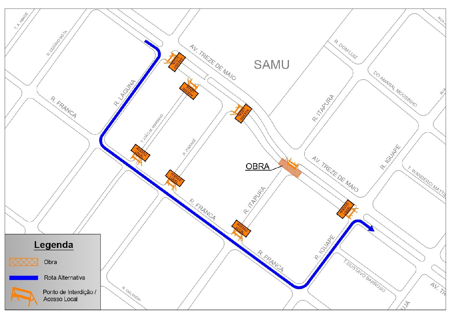 Cruzamento da pista Centro/Bairro da avenida Treze de Maio com a rua Itapura será interditado