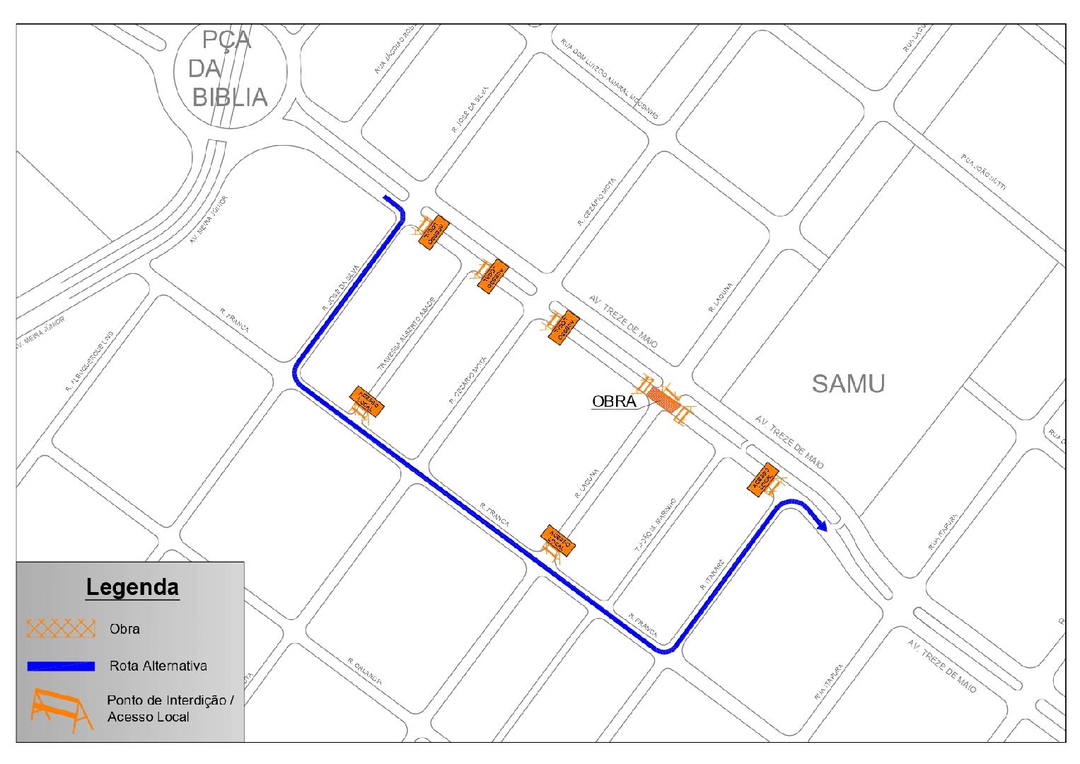 Cruzamento da pista Centro/Bairro da avenida Treze de Maio com a rua Laguna será interditado